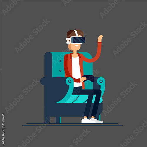 Guy having a good time sitting in armchair wearing virtual reality helmet. Man character in chair enjoying VR device Cool vector concept on virtual reality headset in use.