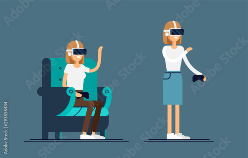 Cool vector concept on virtual reality headset in use. Girl experiences full immersion into virtual reality trying to touch non-physical object. Woman character enjoying VR device