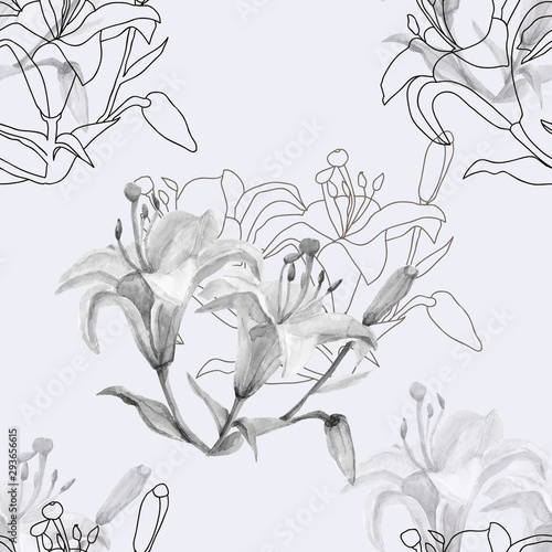 Lily.Seamless pattern of flowers on a white and colored background.