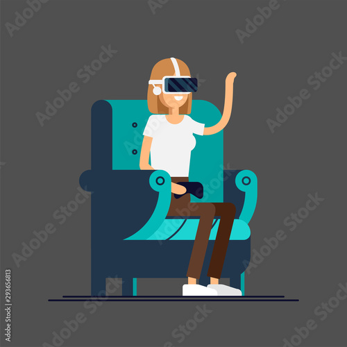 Girl having a good time sitting in armchair wearing virtual reality helmet. Woman character in chair enjoying VR device Cool vector concept on virtual reality headset in use.