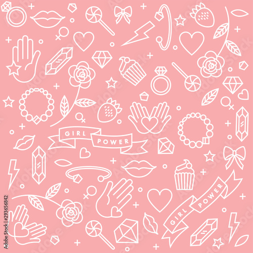 Vector pattern with icon and hand-lettering phrases related to girl power and feminist movement - abstract background for prints, t-shirts, cards.