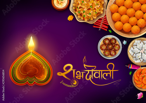 illustration of burning diya and Indian Sweet on Happy Diwali Hindu Holiday background for light festival of India