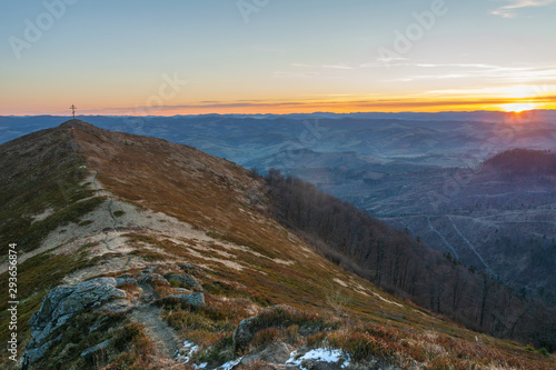 Fantastic views of the evening and morning mountain ridge with tourists and tents