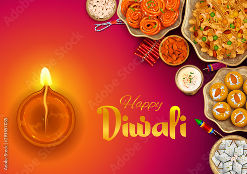 illustration of burning diya and Indian Sweet on Happy Diwali Hindu Holiday background for light festival of India