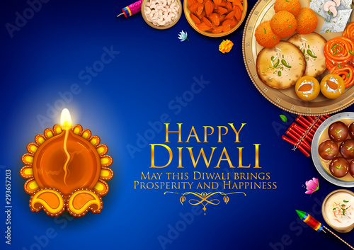 illustration of burning diya and Indian Sweet on Happy Diwali Hindu Holiday background for light festival of India