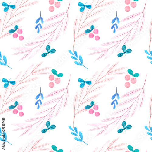 Seamless watercolor pattern with autumn berries and colored leaves on a colored background. Watercolor illustration in Scandinavian style for t-shirts, fabrics, stickers, packaging paper