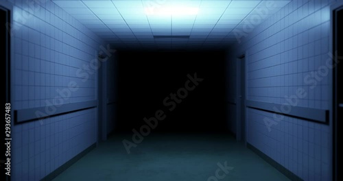 3d rendering. dark spooky abandoned hospital hallway. horror background empty tunnel