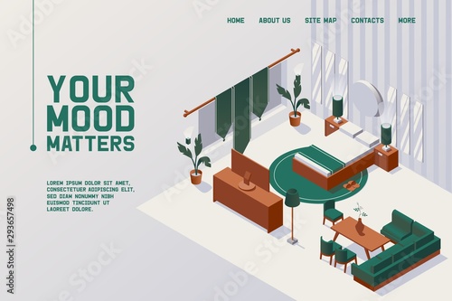 Vector concept banner or landing page template for double twin suite hotel room good for couple drawn in isometric style. 3d scene with wooden bedroom and large bed, tv and sofa interior. Green fabric