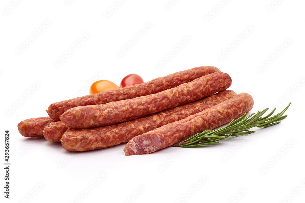 Dried pork sausages, isolated on white background Dried pork sausages, isolated on white background
