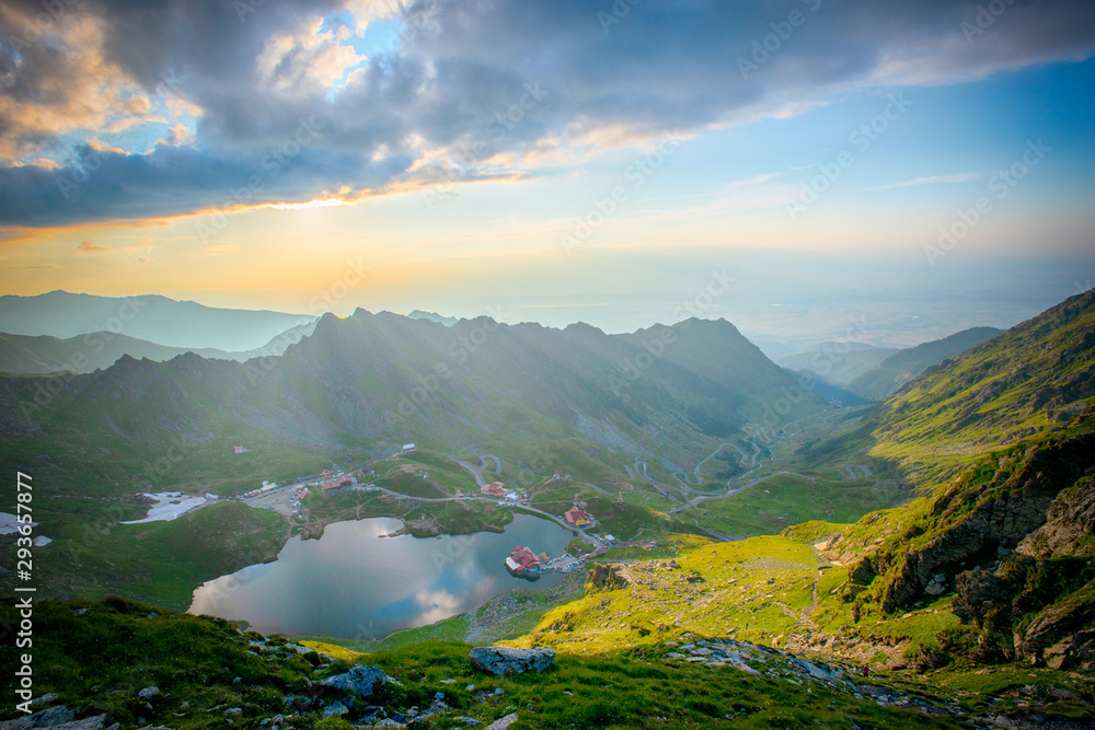 Landscape from Capra Lake in Romania and Fagaras mountains in the summer