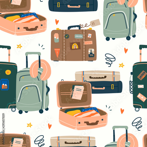 Various luggage bags, suitcases, neck pillow, baggage, travel bags. Vacation, holiday. Hand drawn vector seamless pattern. Colorful trendy illustration. Cartoon style. Flat design