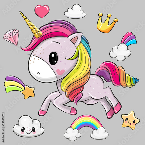 Cartoon Unicorn and set of cute design elements