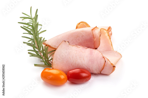 Sliced pork loin, boiled ham, isolated on white background