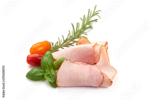 Sliced pork loin, boiled ham, isolated on white background