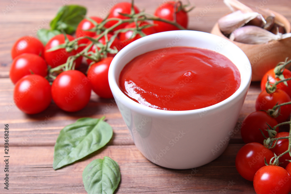 ketchup on the table. Tomato sauce, fresh tomatoes, spices. ketchup on the table. Tomato sauce, fresh tomatoes, spices.