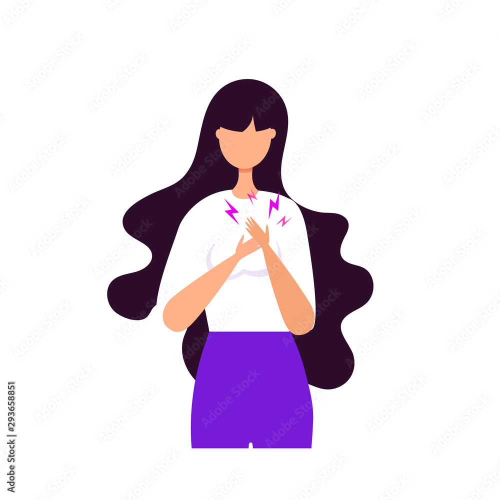 Young girl heart disease or stress and apathy concept. A woman holds herself by the heart. Young girl heart disease or stress and apathy concept. A woman holds herself by the heart.