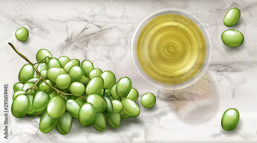 Top view glass of white wine and grapes bunch on marble surface background. Full wineglass with alcohol vine drink or juice mockup for ad promo banner advertising. Realistic 3d vector illustration