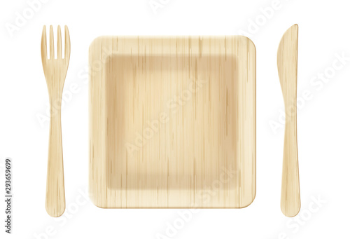 Wooden plate with fork and knife top view, disposable tablewear isolated on white background, single use table setting with empty square wood dish natural eco material Realistic 3d vector illustration