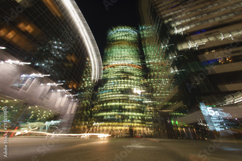 Long exposure photography of traffic on streets in MIBC  Moscow International Business Center . Working day had been finished. Rush hours of work out time. Fish-Eye  lens.