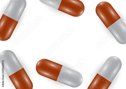 Background with bright pills, capsules. Vitamin pills for good health and antibiotics. Poster banner for website. Pharmacy, painkiller capsules and medications.