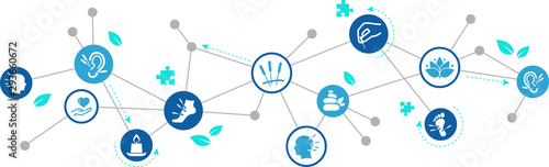 acupuncture icon concept: interconnected icons of various acupuncture treatments - vector illustration
