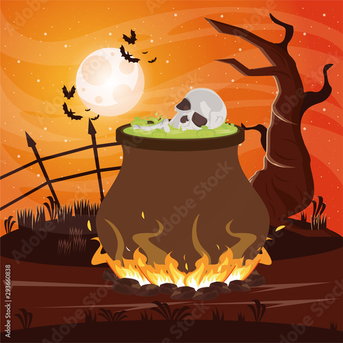 halloween dark scene with witch cauldron