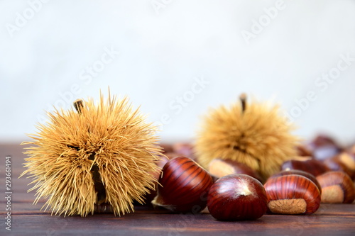 Kastanien - Esskastanien - Kastanienigel auf einem braunen Holztisch photo