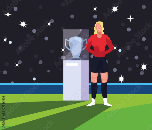 soccer player woman in stadium with trophy