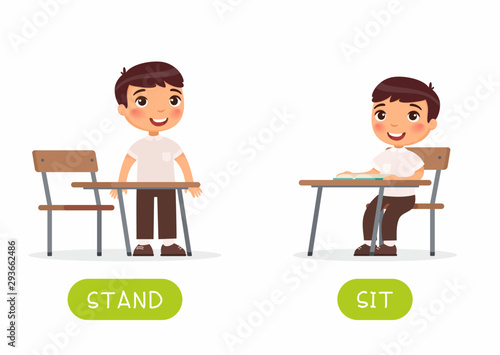 Educational word card with schoolkid vector template. Flash card for foreign language with school student. Opposites concept, stand and sit. Little schoolboy flat illustration with typography