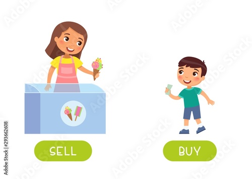 Flashcard with antonyms for children vector template. Word card for language learning. Opposites concept, sell and buy. Little kid purchasing ice cream flat illustration with typography