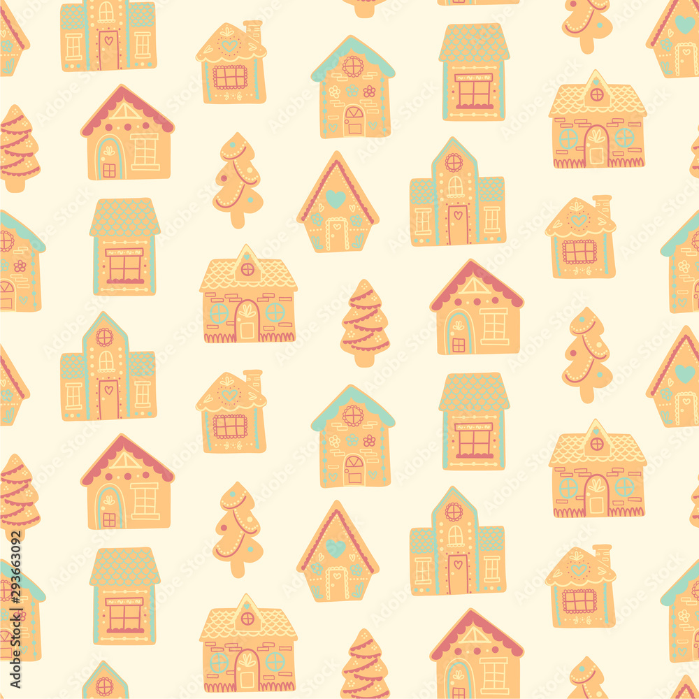 Gingerbread House Christmas Seamless Pattern