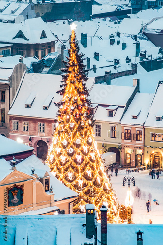 top view of a Christmas tree in city center photo