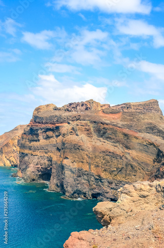 Stunning cliffs in Ponta de Sao Lourenco, Madeira Island, Portugal captured on vertical picture. The easternmost point of the island of Madeira, volcanic landscape by the Atlantic ocean