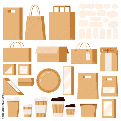 Set of empty kraft brown blank cardboard paper bags for in-store purchases, packaging for food and beverage with labels