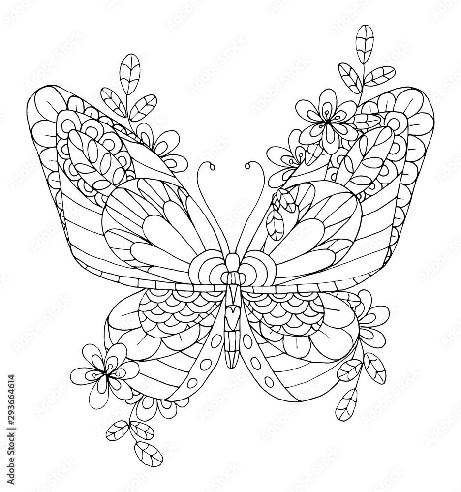Butterfly with flowers. Coloring for kids and adults. Coloring page ...