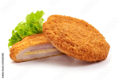 Fried Chicken schnitzel cordon bleu with cheese in breadcrumbs, restaurant food, isolated on white background