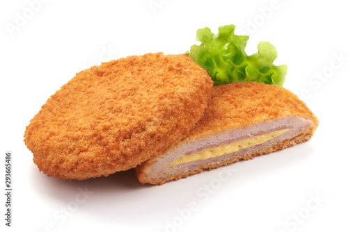 Fried chicken Cordon bleu with cheese in breadcrumbs, isolated on white background
