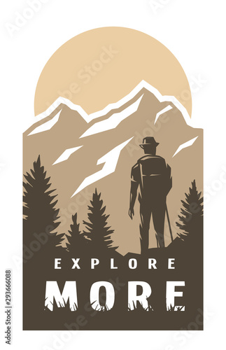 Explore more. Traveler on the background of wildlife. Vector illustration.