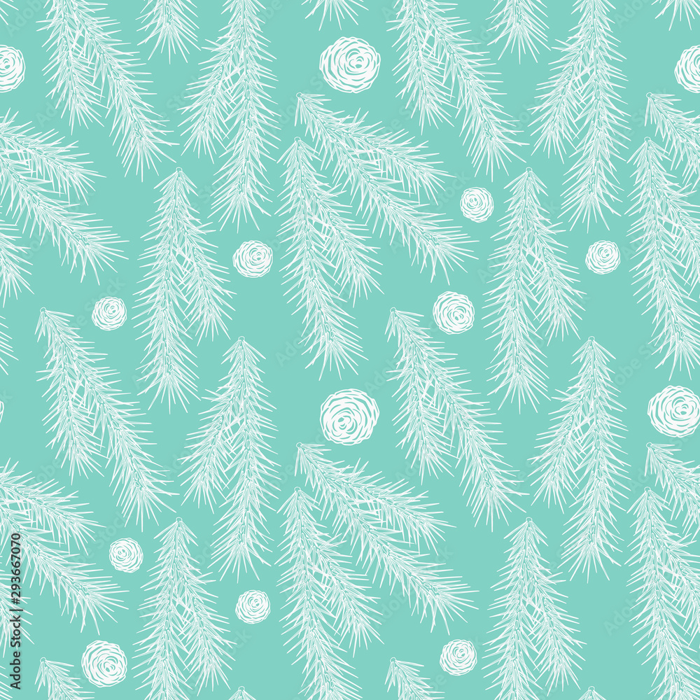 Christmas decoration with fir branches and fir cones. Christmas holidays seamless vector hand-drawn background. Colorful New Year background. Christmas decoration with fir branches and fir cones. Christmas holidays seamless vector hand-drawn background. Colorful New Year background.