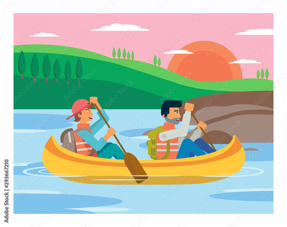 Tourists enjoy water rafting vector illustration