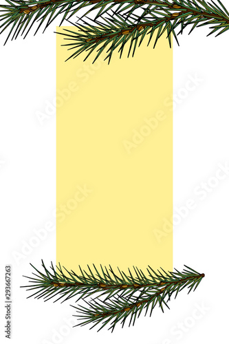 Framework with pine branches, cones, needles, decorative twigs and leaves on white background, hand digital draw, decorative botanical illustration for design, Christmas tree, vector