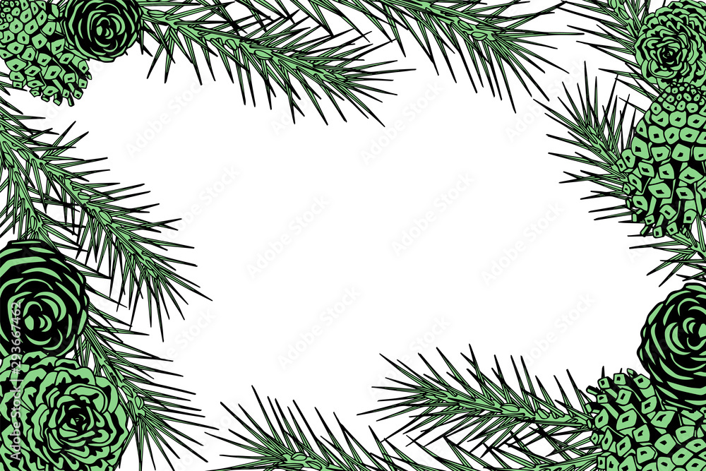 Framework with pine branches, cones, needles, decorative twigs and leaves on white background, hand digital draw, decorative botanical illustration for design, Christmas tree, vector