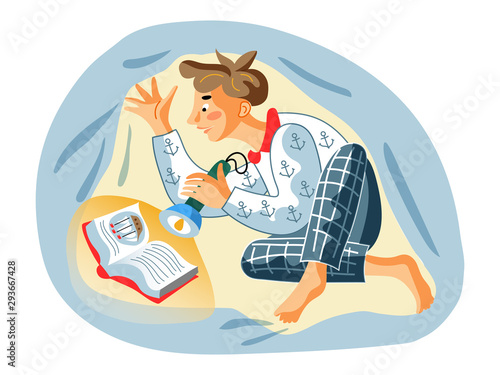 Boy reading under blanket flat vector illustration