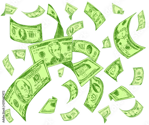 One hundred US dollar bills are falling on white background. Great use for money and finance related concepts. Isolated on white background. Vector illustration