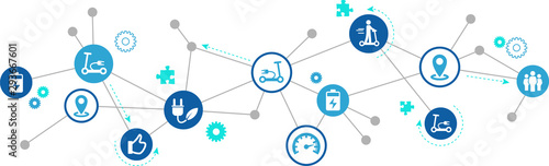 Electric scooter icon concept – conncected e-scooter symbols: vector illustration