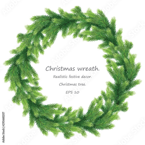 Big green christmas wreath made of christmas tree branches. New Year and Christmas wreath . Natural holiday wreath with pine.EPS 10 vector