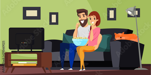 Couple watching TV flat vector illustration