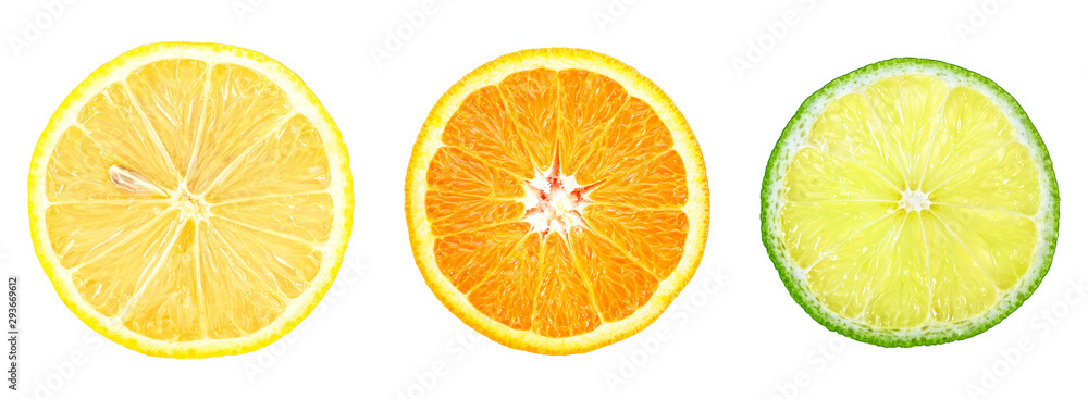 Lemon, orange and lime - slices isolated on a white background, top view. Citrus fruit. - obrazy, fototapety, plakaty 