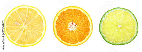 Lemon, orange and lime - slices isolated on a white background, top view. Citrus fruit.