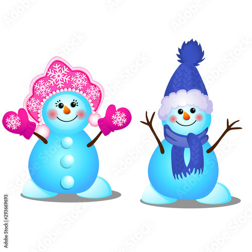 Cute snowman and snowgirl smiles isolated on a white background. Sketch of Christmas festive poster, party invitation, other holiday card. Vector cartoon close-up illustration.